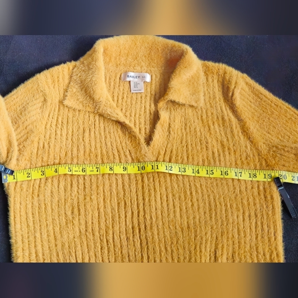 Bailey 44 V-Neck Collarded Fuzzy Mustard Gold Sweater - Size XL - Picture 4 of 7